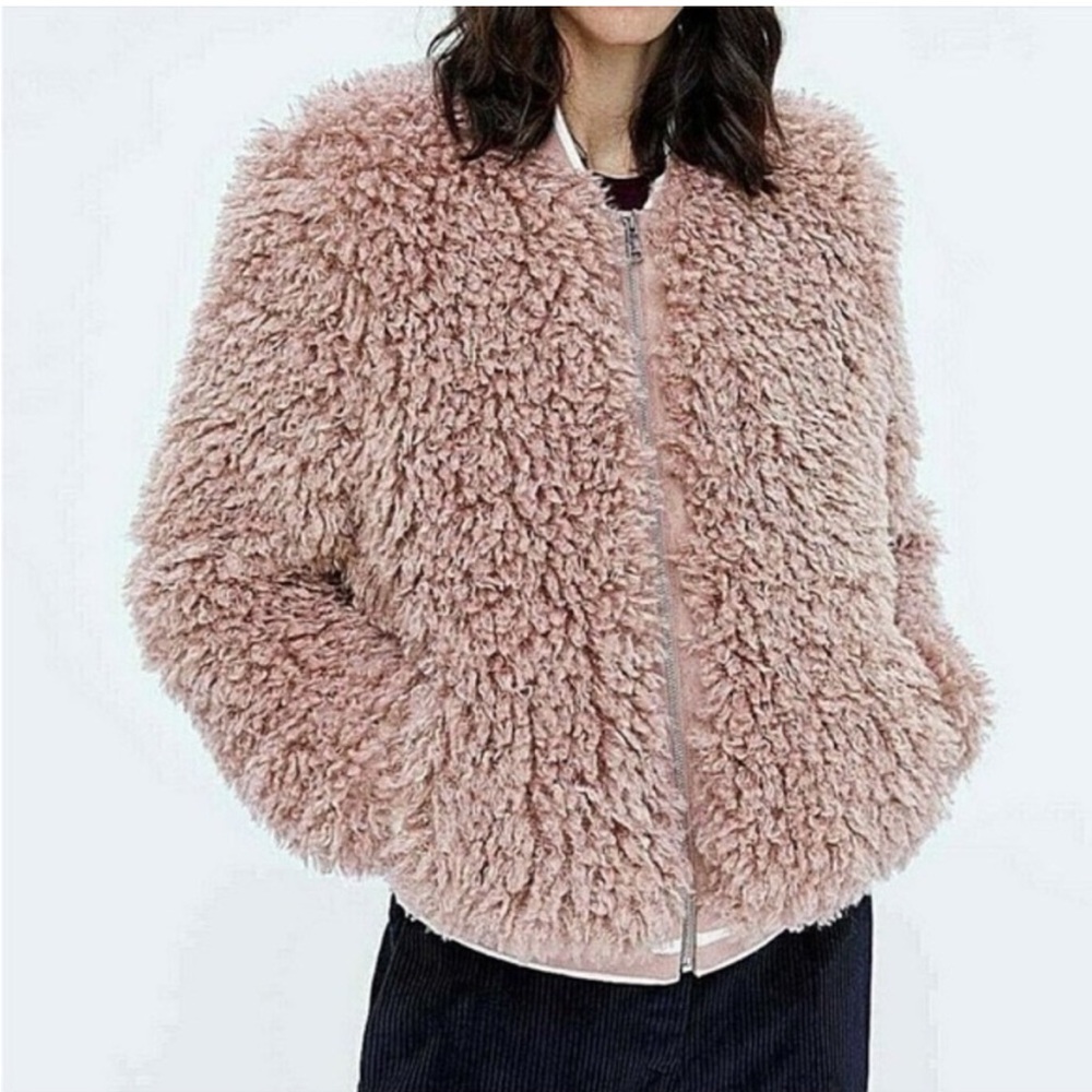 Zara Faux Fur Bomber Jacket Womens L Pink Shaggy Lined Teddy Bear Coat Full Zip